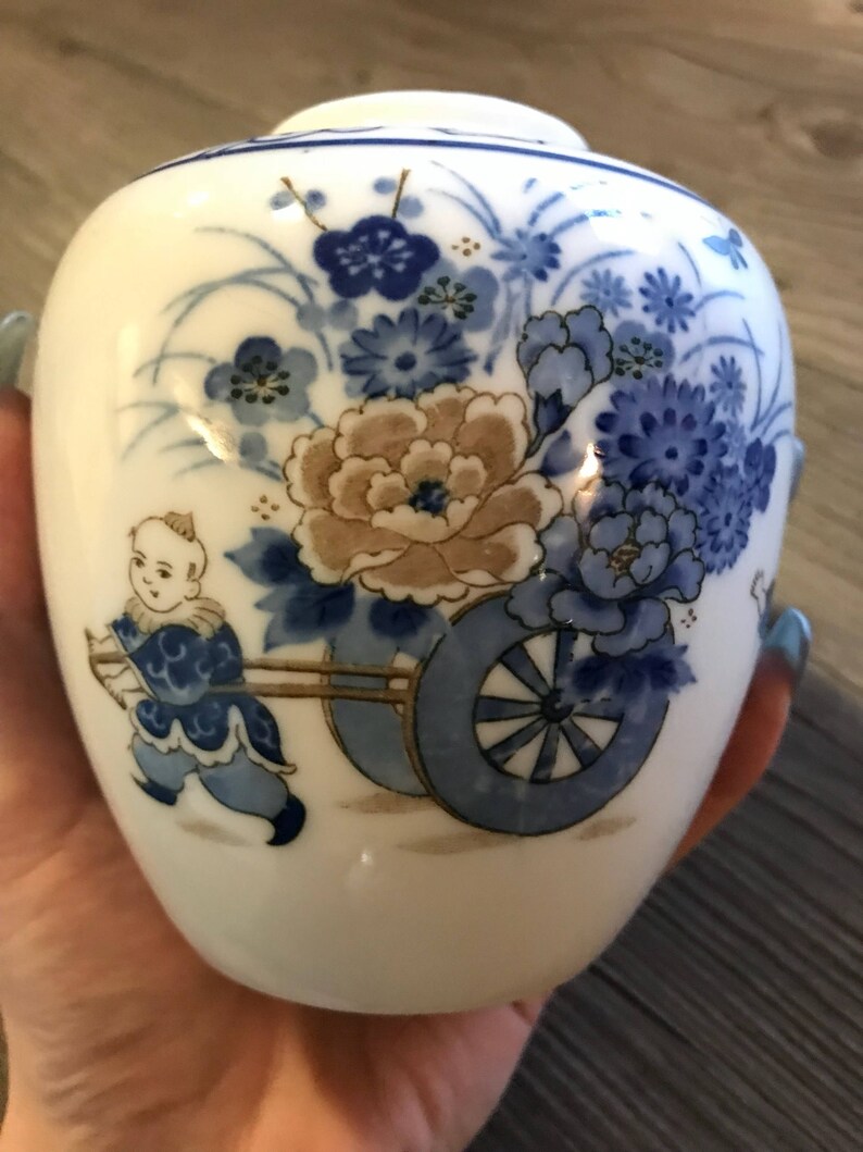 Beautiful Floral Antique Japanese Vase Small Porcelain Vase with Japanese Boys Carrying Flowers