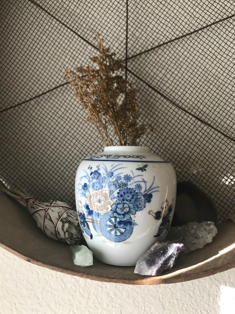 Beautiful Floral Antique Japanese Vase Small Porcelain Vase with Japanese Boys Carrying Flowers