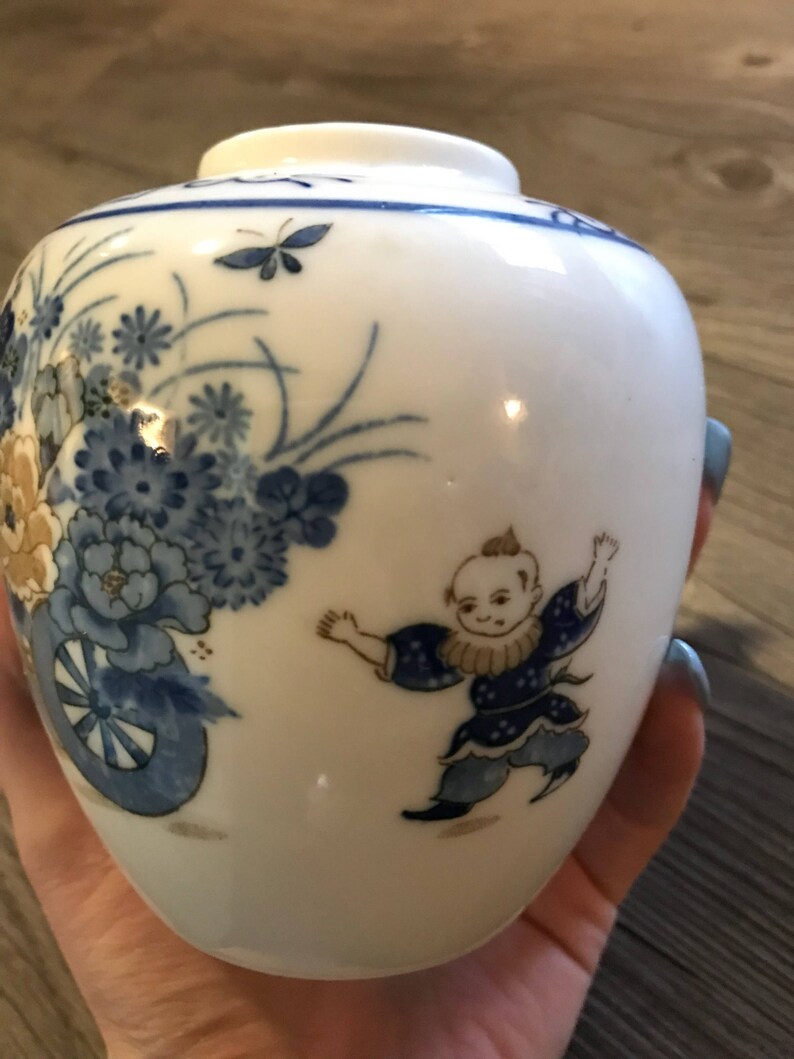 Beautiful Floral Antique Japanese Vase Small Porcelain Vase with Japanese Boys Carrying Flowers