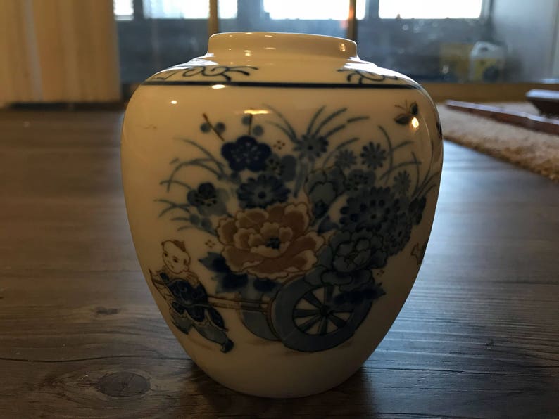 Beautiful Floral Antique Japanese Vase Small Porcelain Vase with Japanese Boys Carrying Flowers