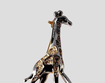 Gold Giraffe Brooch with Rhinestones and Blue Eyes, Elegant Silver Accents, Unique Animal Jewelry Gift