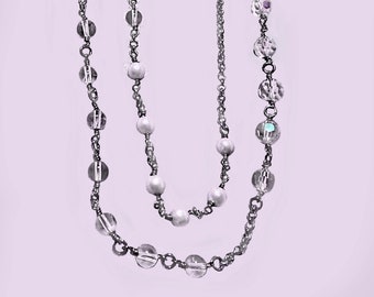 Pearl and Crystal Long Multi Strand Layered Floating Necklace