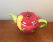 Ceramic Tea Pot Teapot with with Pear Grapes Enamel Tea Kettle Vintage Tea Kettle Vintage Red Tea Kettle Tea Lover