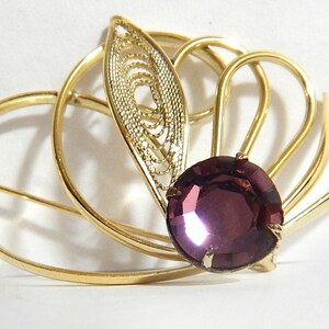 Vintage Faux Amethyst Winged Brooch, Purple Stone Costume Pin, Grandmother Birthstone Jewelry