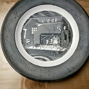 Vintage Green Transferware Ceramic Dinner Plate - Currier and Ives Design