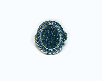 Midnight Blue Ring   Raw Gemstone Ring  Druzy Silver Ring    Blue Topaz Statement Ring