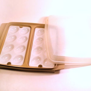 Peut inclure: Un porte-œufs en plastique beige avec un couvercle en plastique transparent. Le porte-œufs comporte deux rangées de six dépressions en forme d'œuf.