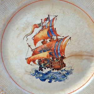 Vintage Sailboat Salad Plates, Ceramic Decorative 9 Inch Plates, Country Gift Idea