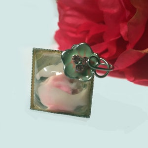 Pale Pink Flower Resin Ring Pendant - Unique Vintage Adjustable Epoxy Jewelry