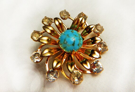 Turquoise Starburst Brooch Bordered with Crystals… - image 2
