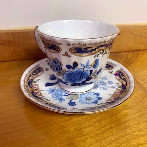 English Porcelain Vintage Teacup with Purple Flowers and Saucer for Tea Lovers