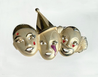 Vintage Gold Tone Clown Brooch, Unique Art Deco Pin for Women, Stylish Jewelry Gift