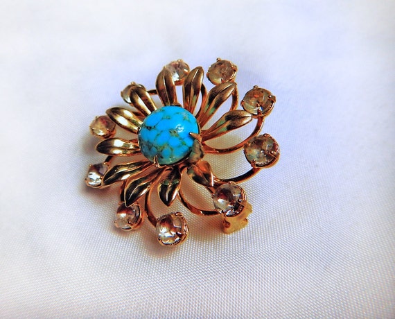 Turquoise Starburst Brooch Bordered with Crystals… - image 1