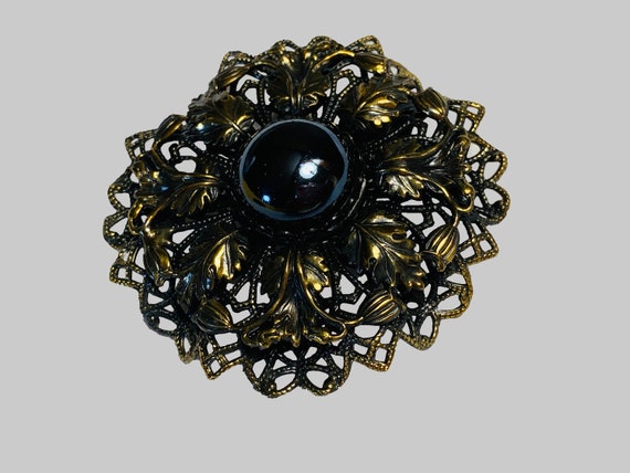 Black Round Brooch, 1950s Brooch, Black Stone Bro… - image 3