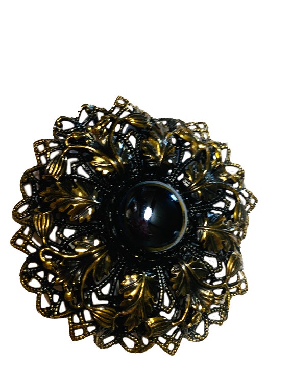 Black Round Brooch, 1950s Brooch, Black Stone Bro… - image 4