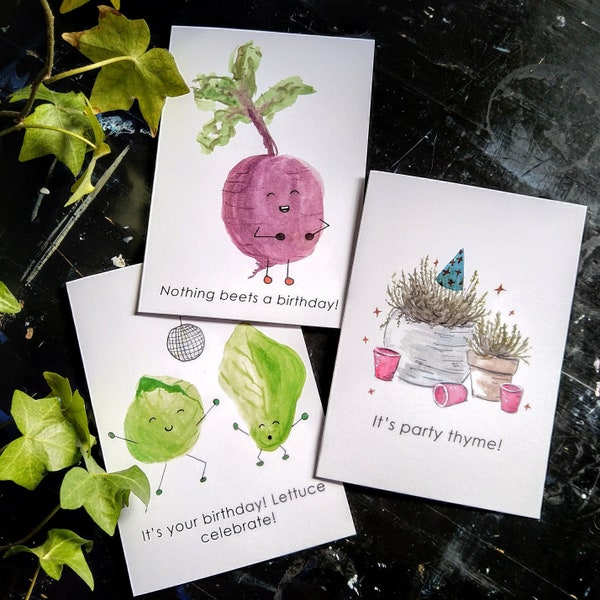 Vegetable Pun Birthday Cards; Funny Birthday Cards; Punny Birthday Cards; Birthday Card Pack; Pack of Cards; Watercolour Cards