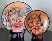 Vintage Mexican Majolica Santa Rosa Pottery Plate Set of 2 Decorative Plates Signed Pottery Folk Art Floral Hummingbird Boho