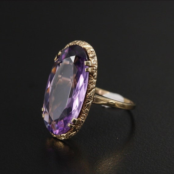 Victorian Amethyst 9K Gold Ring with Floral Detail - image 5