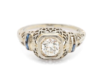 Art Deco 18K White Gold Diamond Ring With Sapphire Accents