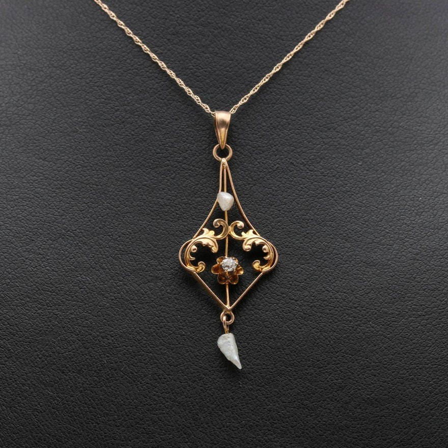 Art Nouveau 10K and 14K Yellow Gold Diamond and Cultured Pearl Pendant ...