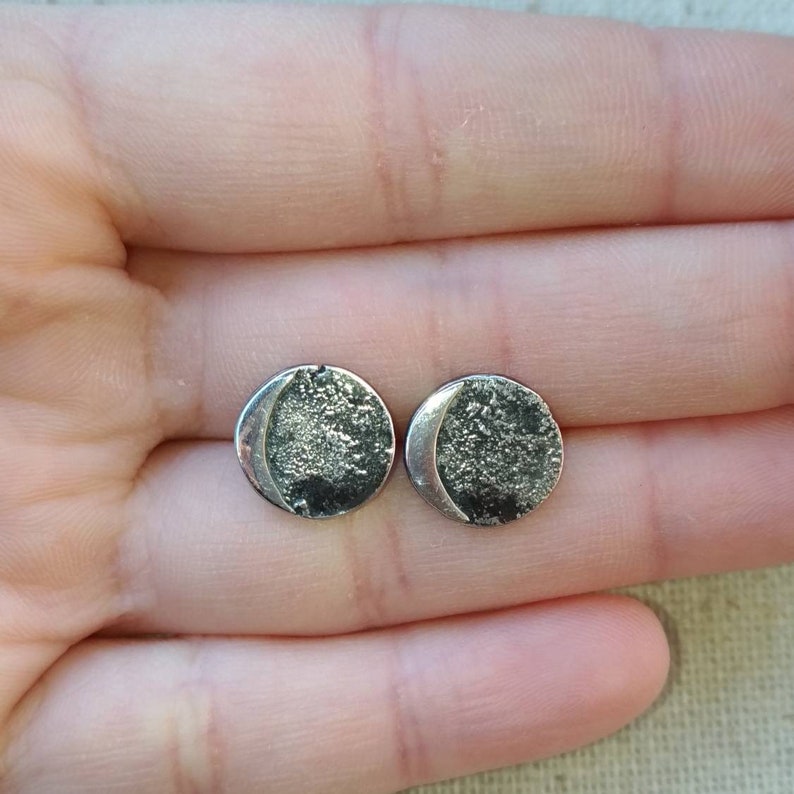Antique Style Oxidized Stud Earrings|Hypoallergenic|Recycled Silver Sterling Silver Crescent Moon Earrings|Approx 12mm in Diameter|Boho