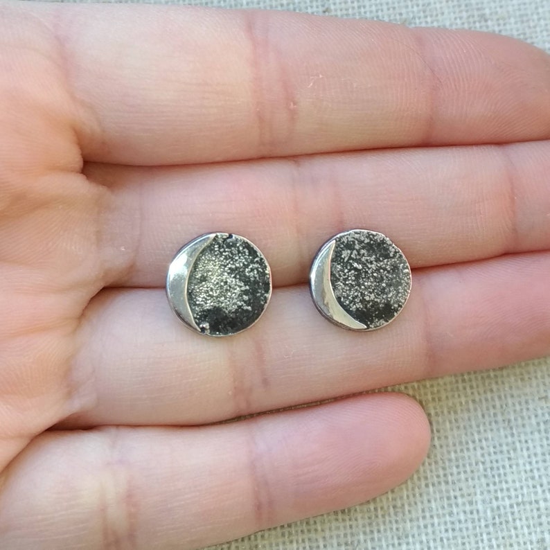 Antique Style Oxidized Stud Earrings|Hypoallergenic|Recycled Silver Sterling Silver Crescent Moon Earrings|Approx 12mm in Diameter|Boho