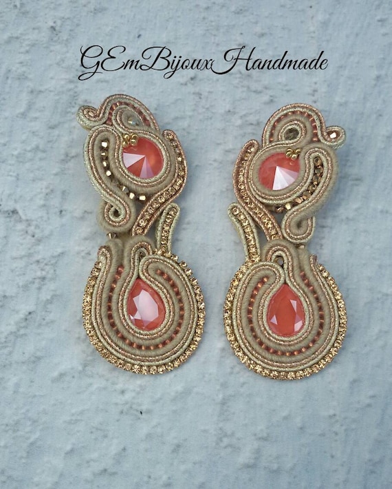 Pink blue earrings Long soutache earrings Beige earrings Christmas earrings Unique gift for her Light blue earrings Light dangling earrings