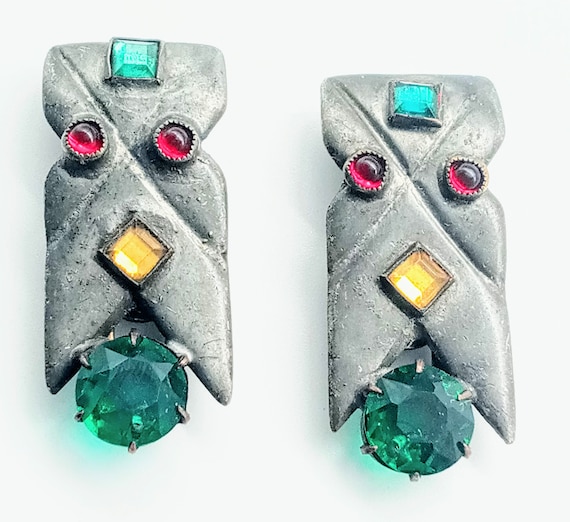 Art deco pot metal rhinestone dog dress clip pair