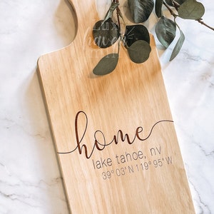 Charcuterie Board Personalized with GPS Coordinates: Engraved Wood Cutting Board Housewarming Gift