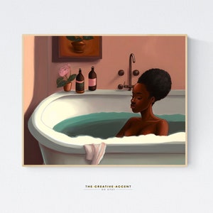 Black woman in bathtub, Bathroom wall art, Printable Painting Black Girl, Wall Art, Bath African-American Art, Pink, Teal, Afro Hair, Modern image 2