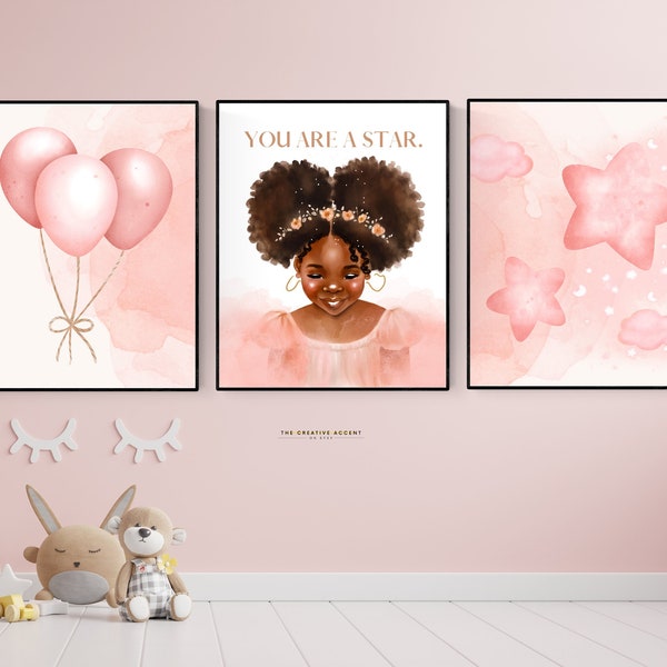 Black Girl Room Wall Art: Star, 3 Set Printable Afro Hair, Brown little girl painting, Room Decor, Pink Balloons, Stars, Clouds Poster