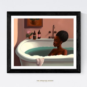 Black woman in bathtub, Bathroom wall art, Printable Painting Black Girl, Wall Art, Bath African-American Art, Pink, Teal, Afro Hair, Modern image 1