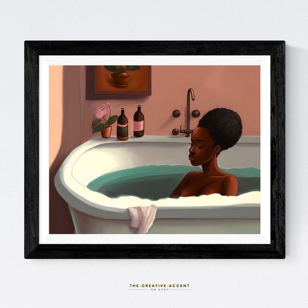 Black woman in bathtub, Bathroom wall art, Printable Painting Black Girl, Wall Art, Bath African-American Art, Pink, Teal, Afro Hair, Modern