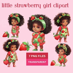 Strawberry Toddler Baby Girl Clipart, 7 PNG, Little Black Girl, Cute Strawberry Shortcake Theme, Cute Afro, Watercolor Baby Shower Decor