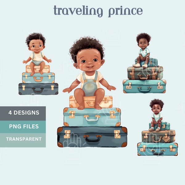 Black Baby Travel Baby Shower, Adventure Clipart, Oh, the places you’ll go Theme , Brown Boy on Suitcases PNG, Toddler World Explorer, Blue