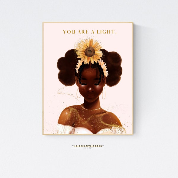 Black Girl Printable Art: You are a Light, Afro Hair Wall Art, Brown girl painting, Room Decor, Teen Poster - Pink *Instant Download *