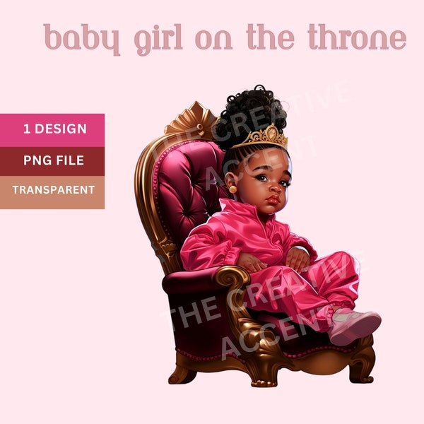 Little Black Baby Princess Baby Shower Clipart, Brown Girl on Throne, Baby Queen PNG, African-American, Toddler Birthday, Pink Gender Reveal