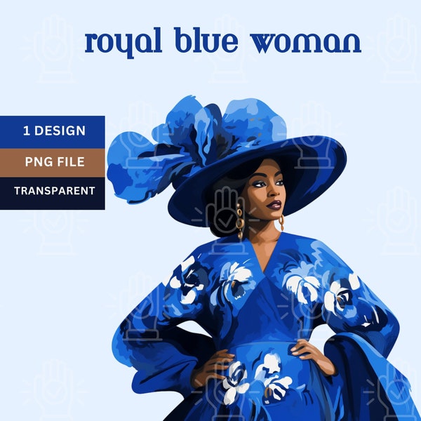 Black Woman in Royal Blue and White Clipart, 1 PNG, Female with Big Hat, African-American Church Lady, Sorority Girl, Cartoon Illustration