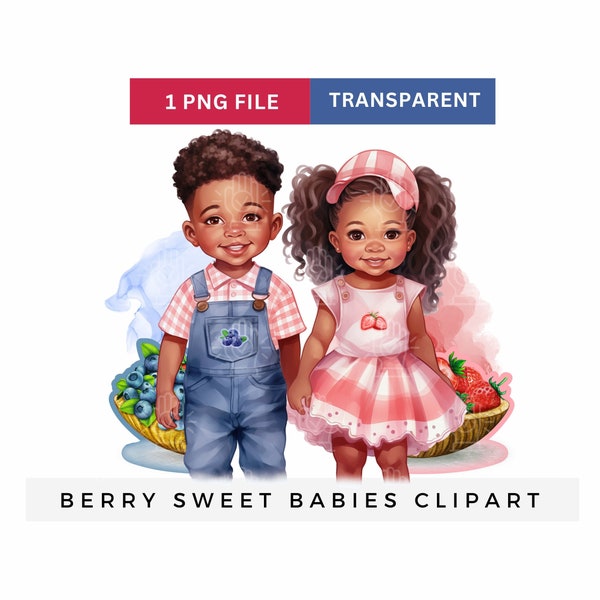 Berry Sweet Kids Gender Reveal Clipart, Black Baby Shower, Little Boy and Girl, Blueberry or Strawberry Theme, Watercolor, Twins, Overalls