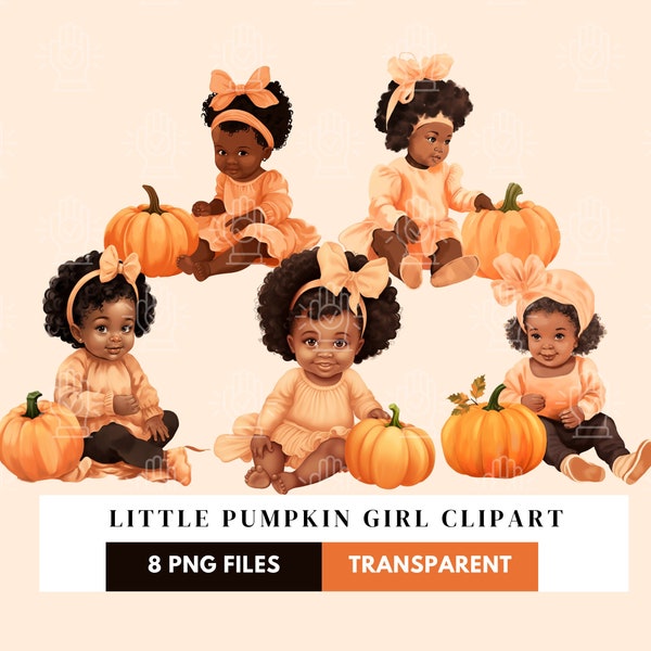 Pumpkin Baby Girl Clipart, 8 PNG, Afro Black Little child, Cute Orange Theme, Halloween, Watercolor Soft illustration, Shower, Fall Party