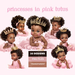 Black Baby Girl Princess in Pink Tutu Clipart, Baby Shower clipart, Little Girl with Crown, Gender Reveal, PNG bundle, Pink Theme, Afro hair