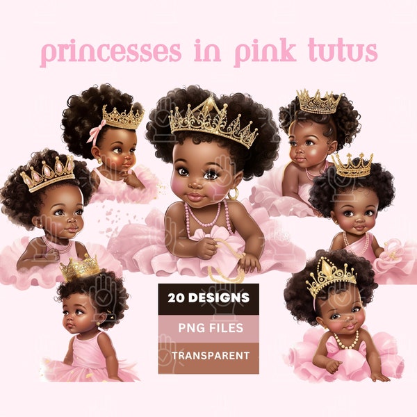 Zwarte baby meisje prinses in roze Tutu clipart, baby shower clipart, klein meisje met kroon, gender Reveal, PNG bundel, roze thema, Afro haar