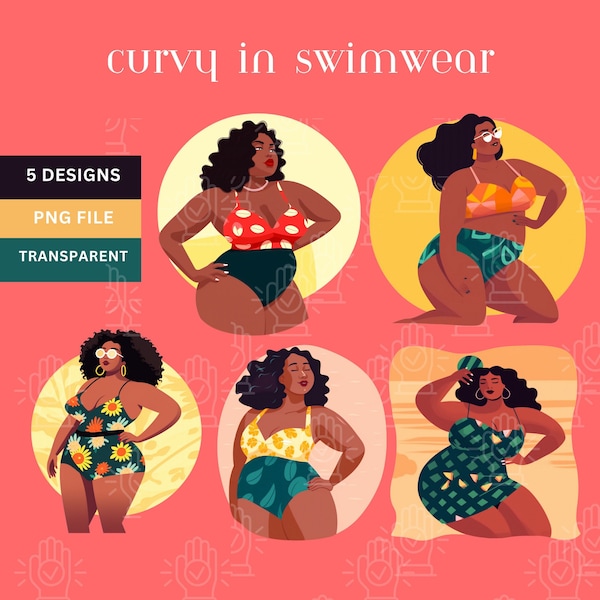 Plus-size Black Woman Clipart, Curvy Girl Clip art, Cartoon in Swimwear, Beach Day, Black Girl PNG, Thick Girl Swimsuit, Afro Lady Cartoon