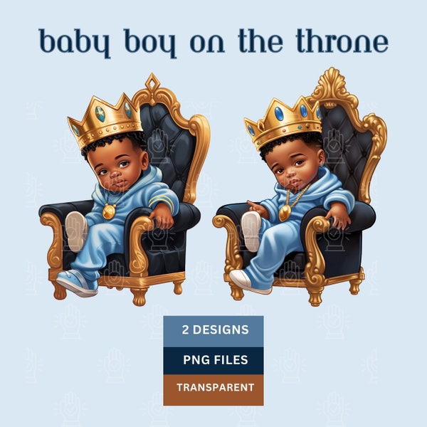 Little Black Baby Prince Baby Shower Clip Art, Brown Boy on Throne, Baby King PNG, African-American, Toddler Birthday, Gender Reveal, Blue