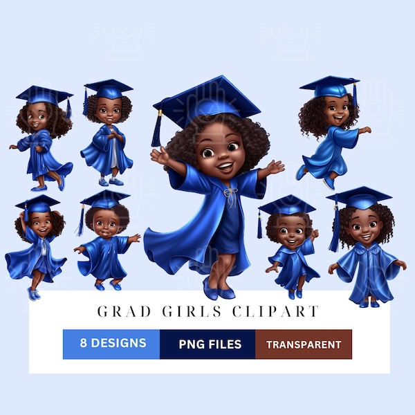 Little Black Girl Graduate, Graduation Party Clip Art, Brown Kids PNG, Royal Blue Cap and Gown Clipart, Toddler, Kindergarten, Pre-school