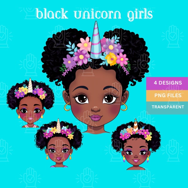 Black Girl Unicorn Clip Art, Brown Little Baby Girls PNG with Horn, Flowers, kids clipart, natural hair, Birthday Theme, baby shower