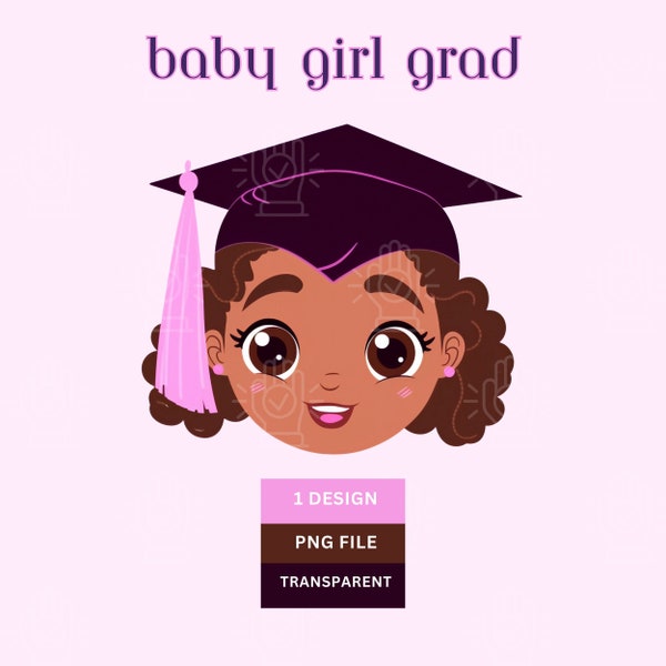 Little Black Girl Graduate, Graduation Party Clip Art, Brown Kid Decor PNG, Purple, Pink Cap on Afro Clipart, Kindergarten, Pre-school