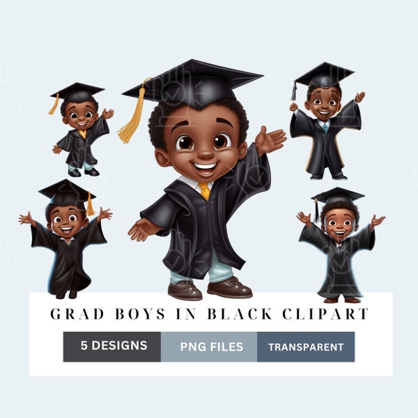 Little Black Boy Graduate, Graduation Party Clipart, Brown Kid Decor PNG, Black Cap and Gown Clip art, Toddler, Kindergarten, Pre-school, 3K