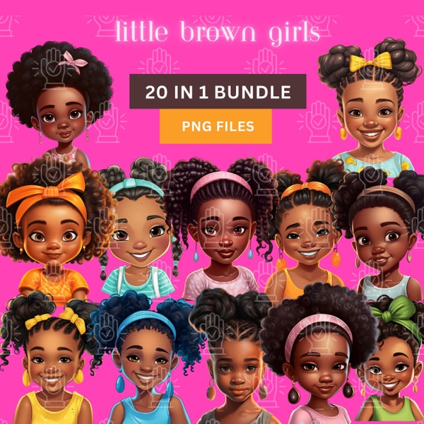 Little Black Girl Clip Art, 20 PNG bundle, Afro Girls, Brown kids clipart, natural hair babies, braids, African-American, Commercial use