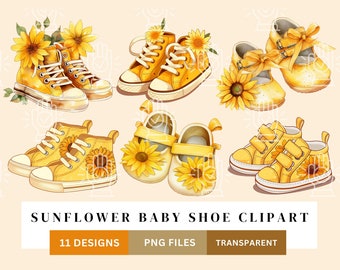 Baby Shoes Clipart, Sunflower Design, 11 PNG, Baby Shower Watercolor Yellow Elements, Baby Girl Decor, Gender Reveal, Flower Theme, Nursery